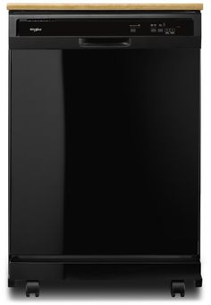 a black dishwasher with a wooden handle on the front and bottom panel, sitting against a white background