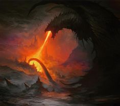 an image of a dragon attacking a giant monster in the ocean with fire coming out of it's mouth