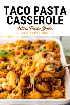 taco pasta casserole with pasta shells and cheese