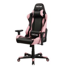 a pink and black office chair with the word techin on it