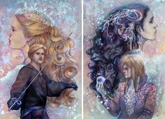 two paintings of women with different hair styles