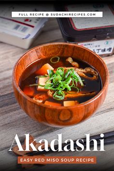 akadashi (red miso soup) made with tofu and seaweed in wooden bowl topped with chopped green onion Miso Soup With Tofu, Soup With Tofu, Pinterest Mom, Red Miso