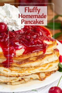 This homemade, fluffy pancake recipe uses simple ingredients, no buttermilk is needed! The thick batter creates the fluffiest pancakes ever! Top with a pat of butter and maple syrup, or fruit for a delicious breakfast.