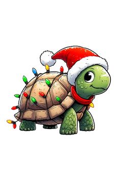 a cartoon turtle wearing a santa hat and christmas lights on its back, with his head turned to the side