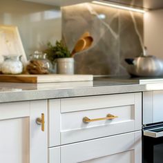 the kitchen counter is clean and ready to be used as a appliance for cooking