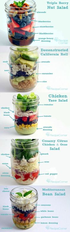 four different types of salads in glass bowls with labels on the bottom and below