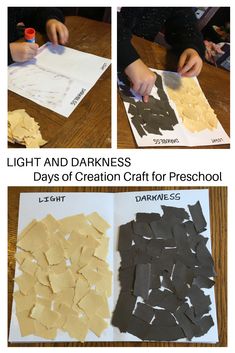 Genesis Bible Project, Creation Day 4 Activities Preschool, First Day Of Creation Craft, Preschool Days Of Creation, Creation Bible Crafts For Preschoolers, Day 6 Creation Craft, Creation Day 1 Craft, Light And Dark Crafts For Toddlers, Days Of Creation Preschool