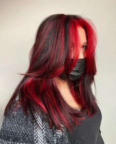 Black Hair With Red Highlights Layers, Bright Red Hair With Black Highlights, Black Hair With Red Highlights Bangs, Red Vivid Hair, Bright Red Hair Highlights, Red Highlights In Brown Hair Layers, Black With Red Streaks, Brown And Bright Red Hair, Red And Black Layered Hair