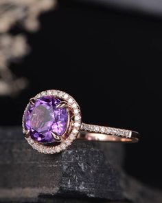 Sale Halo Amethyst Engagement Ring Rose Gold Diamond Band Rose Gold Diamond Band, Rose Gold Diamond Ring Engagement, Amethyst Ring Engagement, Gold Diamond Band, Real Gold Jewelry, Fine Diamond Jewelry, Cubic Zirconia Jewelry, Real Jewelry, Colorless Diamond