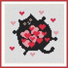 a cross stitch pattern with a black cat holding hearts