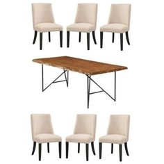 a set of six chairs and a table with a wooden top in various positions on a white background