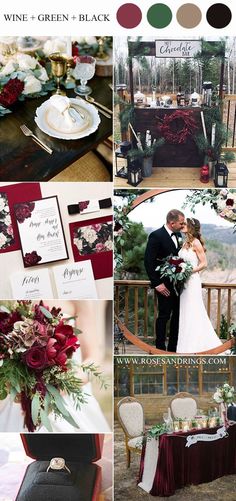 a collage of photos with red, green and black wedding color palettes for the bride and groom