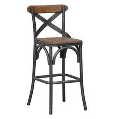 a wooden and metal bar stool with an x - back design on the seat, against a white background