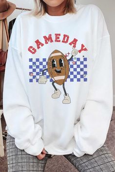 CHECKER GAMEDAY FOOTBALL GRAPHIC SWEATSHIRT** PLUS SIZE AVAILABLE: 10883X-SS-PLUS **- Premium 8 oz., 50/50 cotton/ polyester- Air jet yarn for softer feel and reduced pilling- Classic Fit- Unisex Sizing- Designed and finished in Los Angeles Style: CASUAL Print / Pattern: CHECKER GAMEDAY FOOTBALL Silhouette: SWEATSHIRT Fit: UNISEX Neck Line: CREW Sleeve: LONG Fabric Contents: 50% COTTON, 50% POLYESTER Stretch fabric Non-sheer fabric Care Instructions: MACHINE WASH COLDLINE DRYSize Measurement (in Football Silhouette, Athleisure Tops, Los Angeles Style, Sheer Fabric, Cardigan Jacket, Air Jet, Print Pattern, 50 50, Sales Gifts