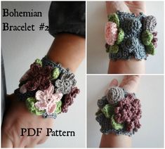 three pictures of different crocheted bracelets with flowers on them