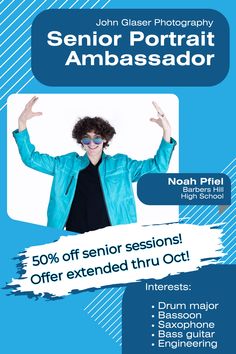 a flyer for a senior portrait session with an image of a man in blue jacket and sunglasses