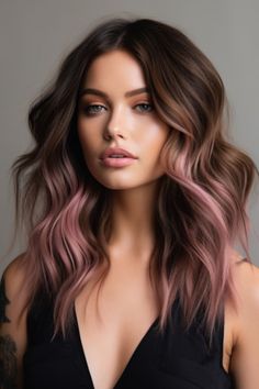 Dark Hair With Fashion Color, Rose Pink Highlights Dark Hair, Brunette With Light Pink Highlights, Blush Balayage Brunette, Pink Balayage Highlights, Chocolate Hair With Pink Highlights, Rose Gold Dark Hair, Brunette Hair With Colorful Highlights, Ombre Pink Hair Brown