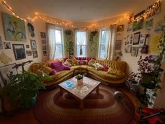 a living room filled with furniture and lots of plants on the wall above it's windows