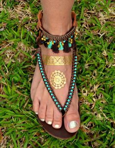 BOHO Genuine leather sandals handmade decorated with tuorquise beads, tassels and gold bells You can decorate your hands, ears, neck- but also … Boho Sandals Bohemian, Leather Sandals Boho, Turquoise Sandals, Hippie Sandals, Bohemian Shoes, Beads Tassels, Pom Pom Sandals, Bohemian Sandals, Sandals Gladiator