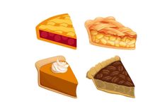 four different types of pies are shown in this cartoon style, with one slice missing