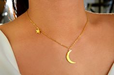 Chain is adjustable. Minimalist Moon-shaped Jewelry With Star Charm, Dainty Crescent Jewelry With Star Charm, Dainty Crescent-shaped Jewelry With Star Charm, Dainty Star-shaped Jewelry With Moon Charm, Lunar Jewelry, Gold Star Necklace, Moon And Star Necklace, Black Leather Choker, Simple Choker