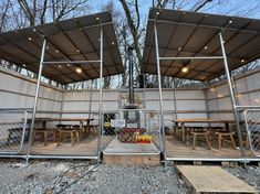 an outdoor seating area with tables and benches