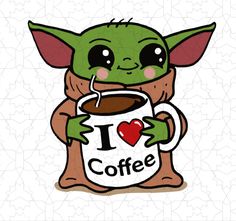 a baby yoda holding a coffee mug with the words i love coffee