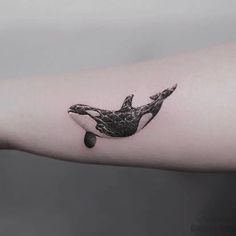 a small black and white tattoo of a sea turtle on the left inner arm,