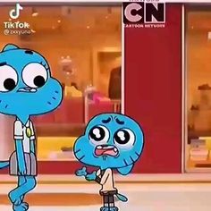 an animated blue cartoon character standing in front of a store