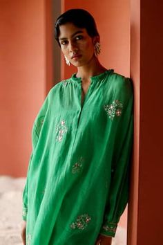 Green thread and mirror embroidered top. Paired with a wide leg silk chanderi pant.
Components: 2
Pattern: Embroidered
Type Of Work: Thread, Mirror
Neckline: Notched
Sleeve Type: Three-quarter
Fabric: Top: Chanderi, Pant: Silk Chanderi
Color: Green
Occasion: Mehendi and Haldi - Aza Fashions Spring Chanderi Palazzo Set With Mirror Work, Spring Festival Traditional Wear With Mirror Work, Festive Chanderi Straight Kurta Top, Spring Silk Kurta With Mirror Work, Spring Sharara With Mirror Work In Chanderi, Festive Straight Kurta Top With Dabka Work, Designer Mirror Work Tops For Eid, Anarkali Top With Mirror Work For Eid, Festive Dabka Work Straight Kurta Top