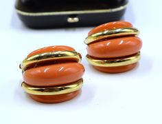 Vintage signed KJL gold tone and mod orange Lucite half hoop clip on earrings, In good vintage condition, It's 1" long  7/8" wide and 3/8". Weighs 1.1 Oz. Thanks, Formal Orange Clip-on Earrings, Orange Clip-on Earrings For Formal Occasions, Vintage Orange Clip-on Earrings, Retro Clip-on Hoop Earrings, Vintage Orange Round Earrings, Vintage Signs, Clip On, Clip On Earrings, Gold Tones