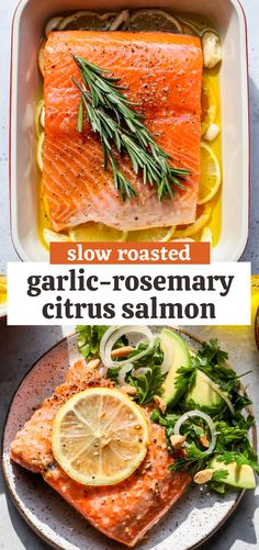 salmon with lemons, onions and herbs in a casserole dish on a plate