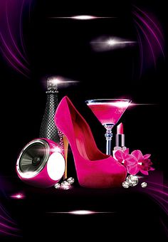 a pink high heeled shoe next to a martini glass and perfume bottle on a black background