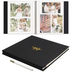 an open wedding album with photos on it and a pen next to the photo book