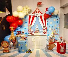 a circus themed birthday party with balloons and decorations