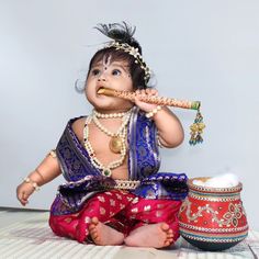 Baby in Krishna costume on krishnashtami Krishna Ashtami Baby Photoshoot, Krishna Getup For Babies, Krishna Jayanthi Baby Photoshoot, Gopika Dress For Kids, Yashoda And Krishna Baby Photoshoot, Krishna Costume For Kids