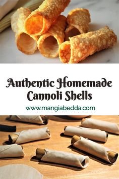 some food that is on top of a cutting board with the words authentic homemade cannoi shells