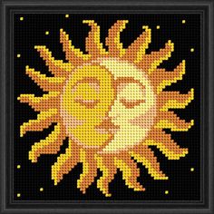 the sun and moon cross stitch pattern is shown in a black frame with yellow dots