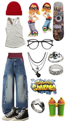 a group of items that include clothing, shoes and skateboarder's accessories