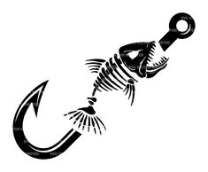 a skeleton fish hook with an arrow in it's mouth, on a white background