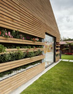 a wooden wall with many plants growing on it's sides and grass in the foreground