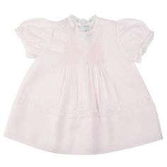 An exquisite slip dress sure to take your breath away - this baby girl outfit is the one you've been searching for! It is classy, elegant, and vintage style, just right for your little one's special occasion, Easter, or to add to her everyday layette collection. Fluted lace trims the neck and sleeve cuffs for a delicate, feminine look. The bodice features a V design insert of floral embroidery above hand stitched pintucks going into soft pleats. Lace inserts patterned with embroidered flowers li Feltman Brothers, Lace Bonnet, Girls Smock, Vintage Baby Girl, Christening Gowns, Knitting Girls, Feminine Look, Girl Clothes