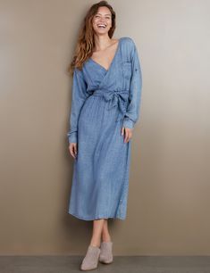 Women's Designer Surplice Crossover Chambray Dress Blue Relaxed Fit Maxi Dress For Daywear, Relaxed Fit Viscose Dress For Day Out, Casual Midi Dress For Daywear, Relaxed Fit Viscose Dresses For Daywear, Casual Relaxed Fit Maxi Dress For Spring, Relaxed Fit V-neck Midi Dress, Summer Rayon Dresses With Pockets, Blue Rayon Maxi Dress For Daywear, Blue Maxi Dress With Pockets For Daywear