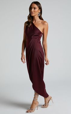 Felt So Happy Midi Dress - One Shoulder Drape Dress in Wine | Showpo USA One Shoulder Pre-draped Satin Party Dress, One-shoulder Ruched Satin Evening Dress, Fitted One Shoulder Dress With Satin Finish For Party, Pre-draped One Shoulder Dress For Prom, Formal One-shoulder Evening Dress With Ruched Detail, One-shoulder Ruched Dress For Formal Events, One-shoulder Ruched Dress For Formal Occasions, One Shoulder Ruched Gown For Formal Occasions, One-shoulder Ruched Gown For Formal Occasions