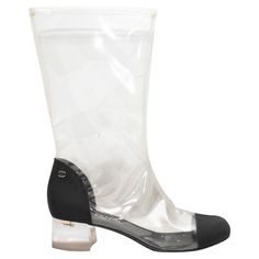 Clear PVC and black grosgrain cap-toe boots by Chanel. Circa 2018. Lucite block heels. 11" shaft height, 1.75" heel height. Cap Toe Boots, Toe Boots, Shoes Black, Block Heels, Heel Height, Chanel, Fashion Accessories, Heels, Boots