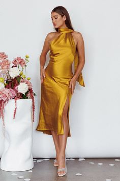 Shop the Italian Summer Tie Neck Midi Dress Mustard | Selfie Leslie Mustard Silk Dress, Mid Length Wedding Guest Dress, Mustard Yellow Wedding Guest Dress, Mustard Wedding Guest Dress, Wedding Guest Yellow Dress, Gold Wedding Guest Dresses, Mustard Yellow Wedding, Bm Dresses, Summer Ties