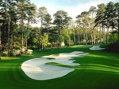 a golf course surrounded by tall trees and green grass with white sand on the ground