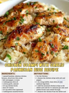 chicken scampli with garlic and parmesan rice recipe in a white bowl