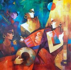 an abstract painting of people with musical instruments