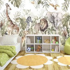 a children's room decorated with jungle animals